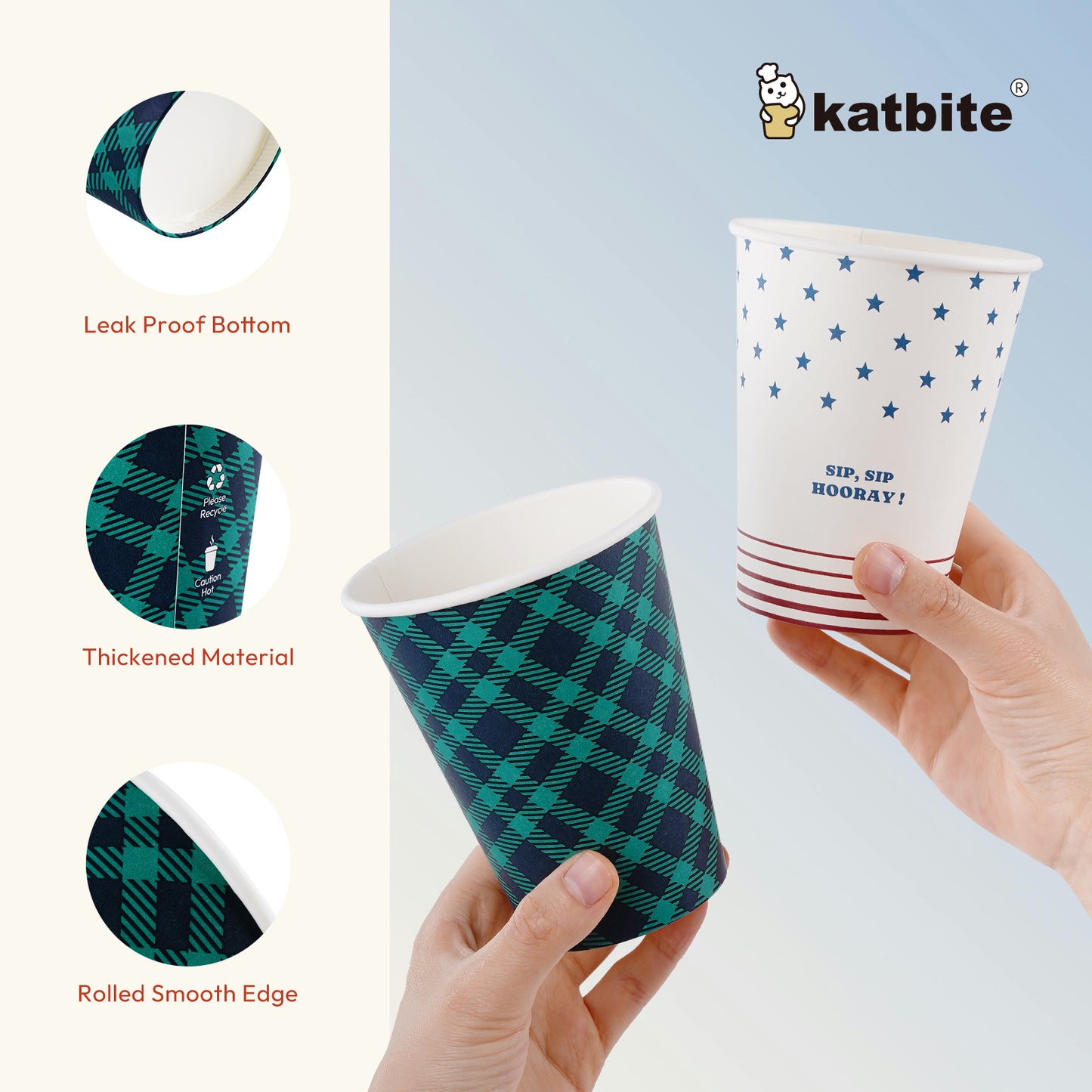 Katbite 50 Pcs 12 oz Disposable Paper Cups for Hot/Cold Beverages, Plaid and Star Design