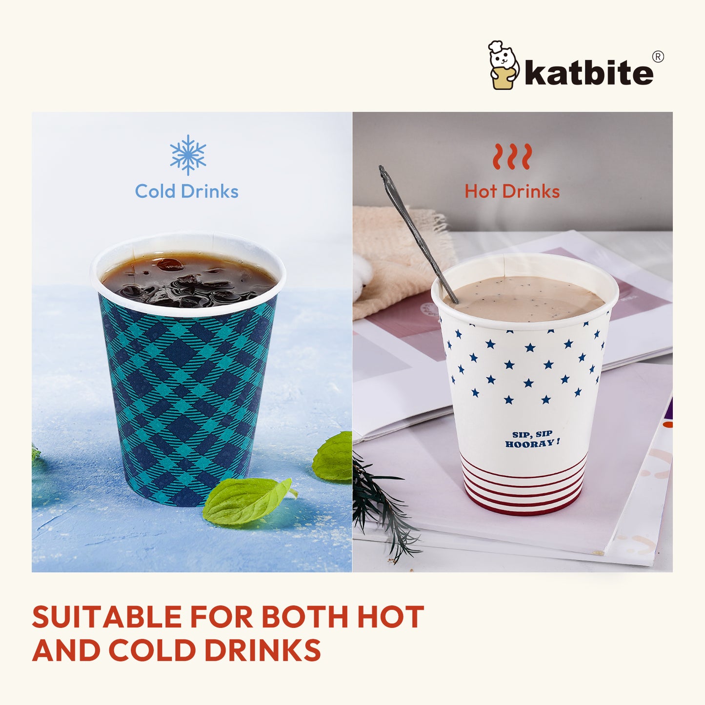 Katbite 50 Pcs 12 oz Disposable Paper Cups for Hot/Cold Beverages, Plaid and Star Design