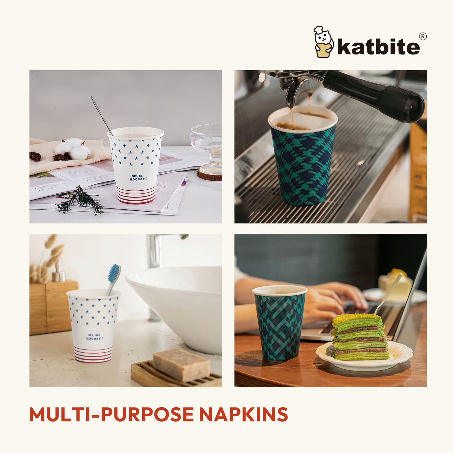 Katbite 50 Pcs 12 oz Disposable Paper Cups for Hot/Cold Beverages, Plaid and Star Design