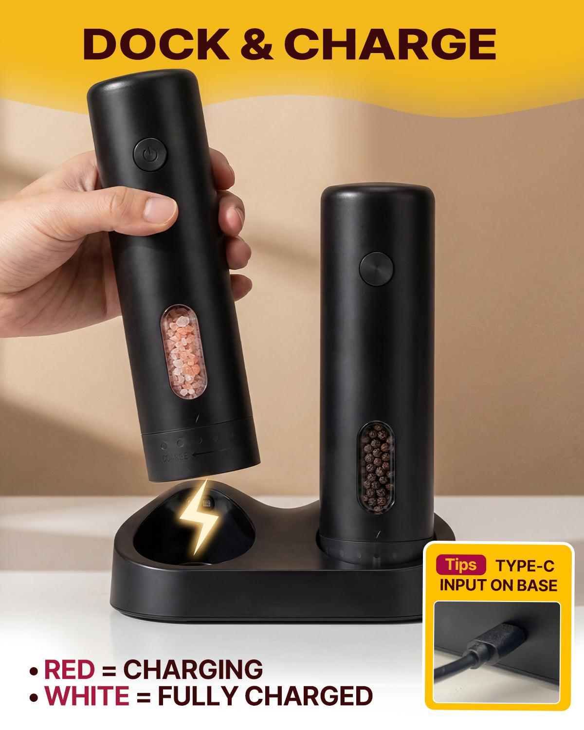 Katbite Electric Salt and Pepper Grinder Set, Usb Charging Base, Button Control, Adjustable Coarseness
