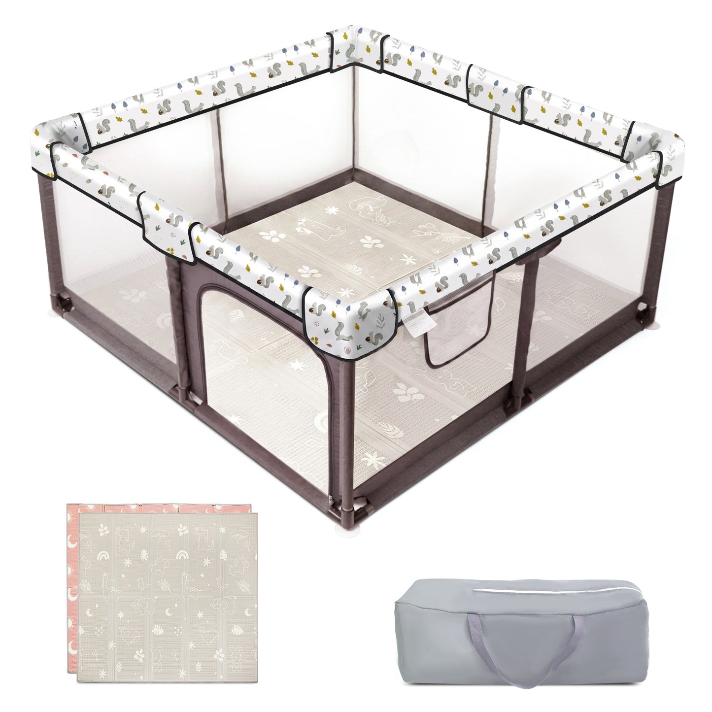 Jonpony Baby Playpen with Mat, 50"x50" Foldable Playpen for Babies and Toddlers, Indoor & Outdoor Play Yard, Brown