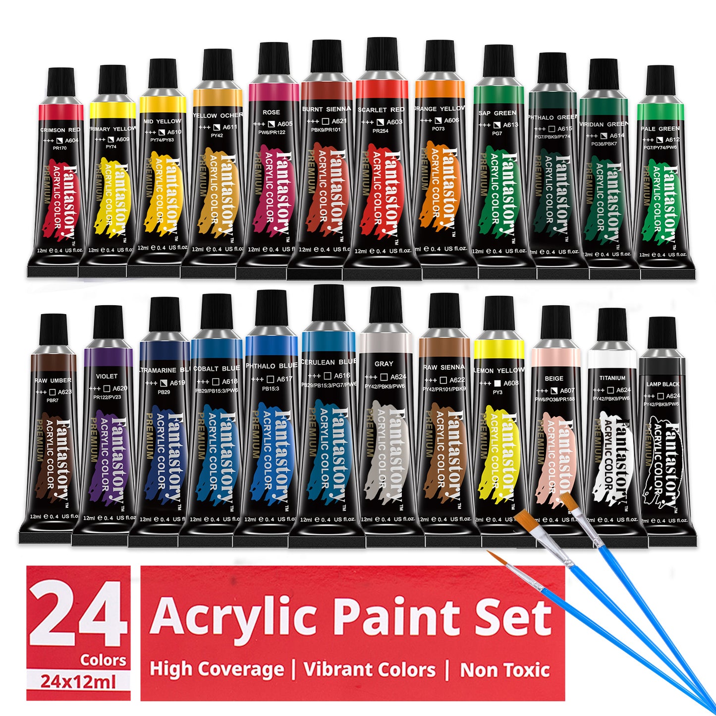 Fantastory 12ML 24 Colors Acrylic Paint Set with 3 Paint Brushes for Crafts and Painters