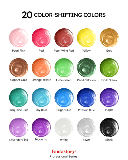 Fantastory Metallic Iridescent Acrylic Paint Set with 12 Brushes, 20 x 2oz Metallic Colors, Color-Shifting, Craft Paint Kit, Metal/Canvas/Rock/Stone/Ceramic/Model/Wood Painting