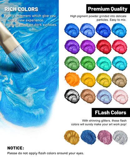 Fantastory Mica Powder for Epoxy Resin, 24 Colors Cosmetic Grade Resin Pigment Powder(0.35oz/10g), Incl. 5 Jars Glitter Mica Powders for Candle Making, Car Freshies, Soap, Bath Bomb, Crafts, Slime