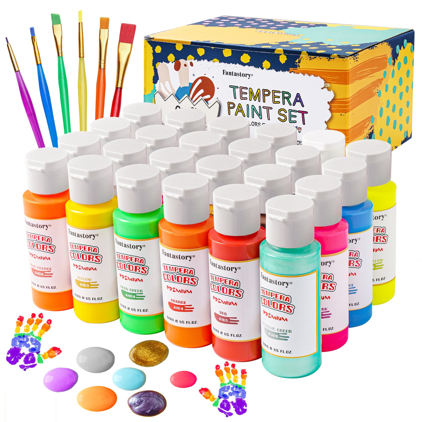 Fantastory 24 Colors (2 oz Each) Washable Tempera Paint, Non-Toxic Poster Finger Paints