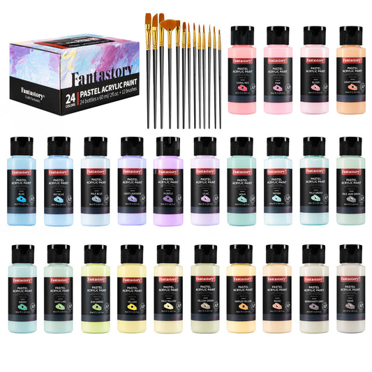 Fantastory Pastel Acrylic Paint Set+12 Brushes, 24 x 2oz Pastel Colors Art Craft Paint for Artists, Halloween Decorations, Canvas Ceramic Wood Rock Painting Supplies Kit