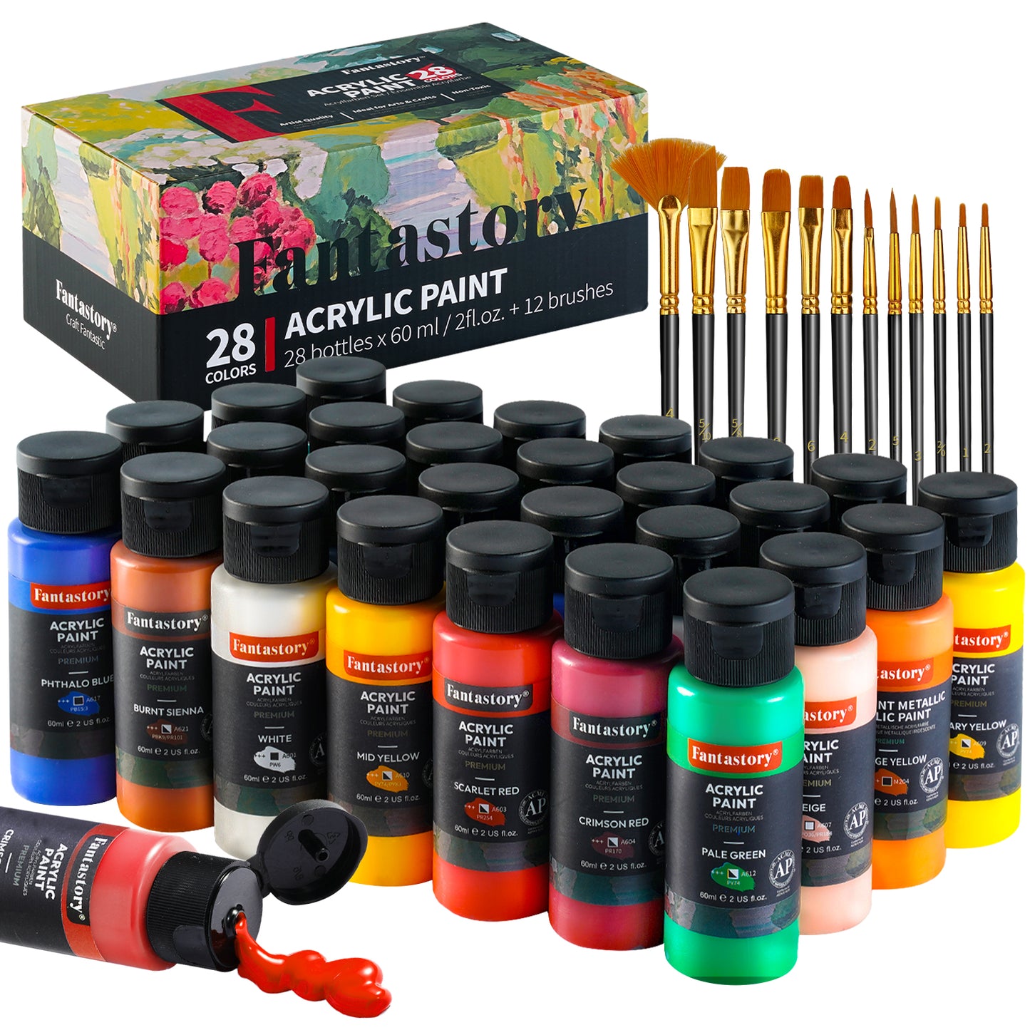 Fantastory Acrylic Paint Set 28 Classic Colors(2oz /60ml) with 12 Brushes, Professional Craft Thick Paints Kits for Adults, Canvas Wood Fabric Ceramic Rock Painting Supplies