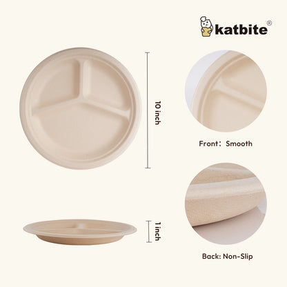 Katbite Disposable Paper Plates 3-Compartment Plates, 10 Inch, 100 Count