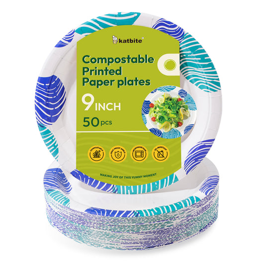 Katbite Round 9-Inch Biodegradable Compostable Paper Plates, 50-Count Eco-Friendly Tableware