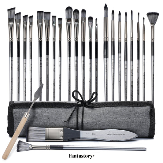 Fantastory Acrylic Paint Brush Set, 24 Pcs Variety Soft Nylon Art Brushes with Canvas Case