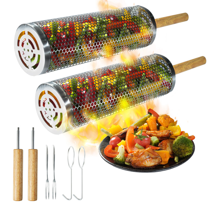 Katbite 2-Pack Rolling Grill Baskets with Removable Wooden Handles, 304 Stainless Steel BBQ Baskets