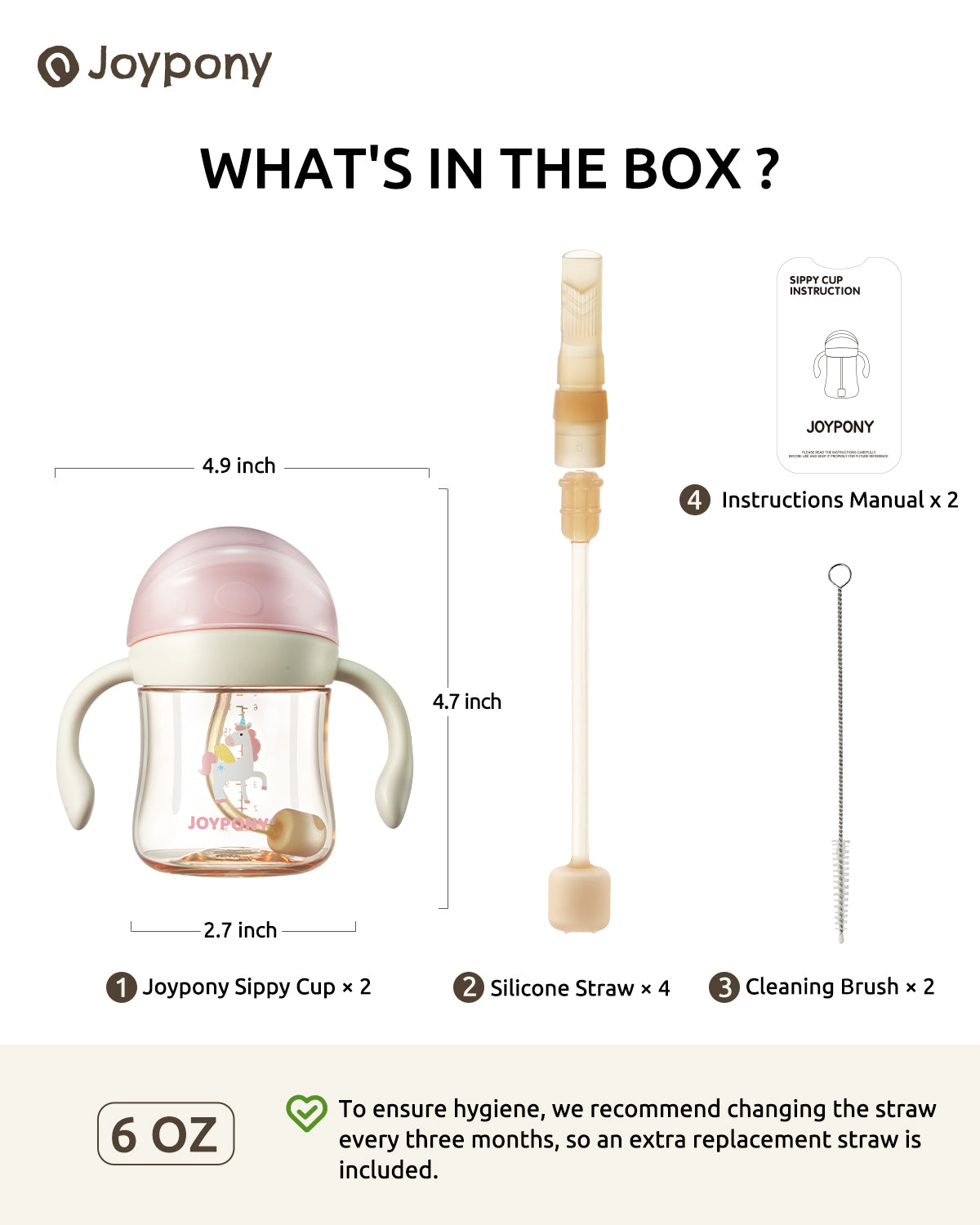 Joypony Baby Sippy Cups 6-12 Months, Spill Proof Weighted Straw Cup with Handle for Toddlers 1-3, 2 Silicone Straws, PPSU, BPA Free, 6 oz (Pink)