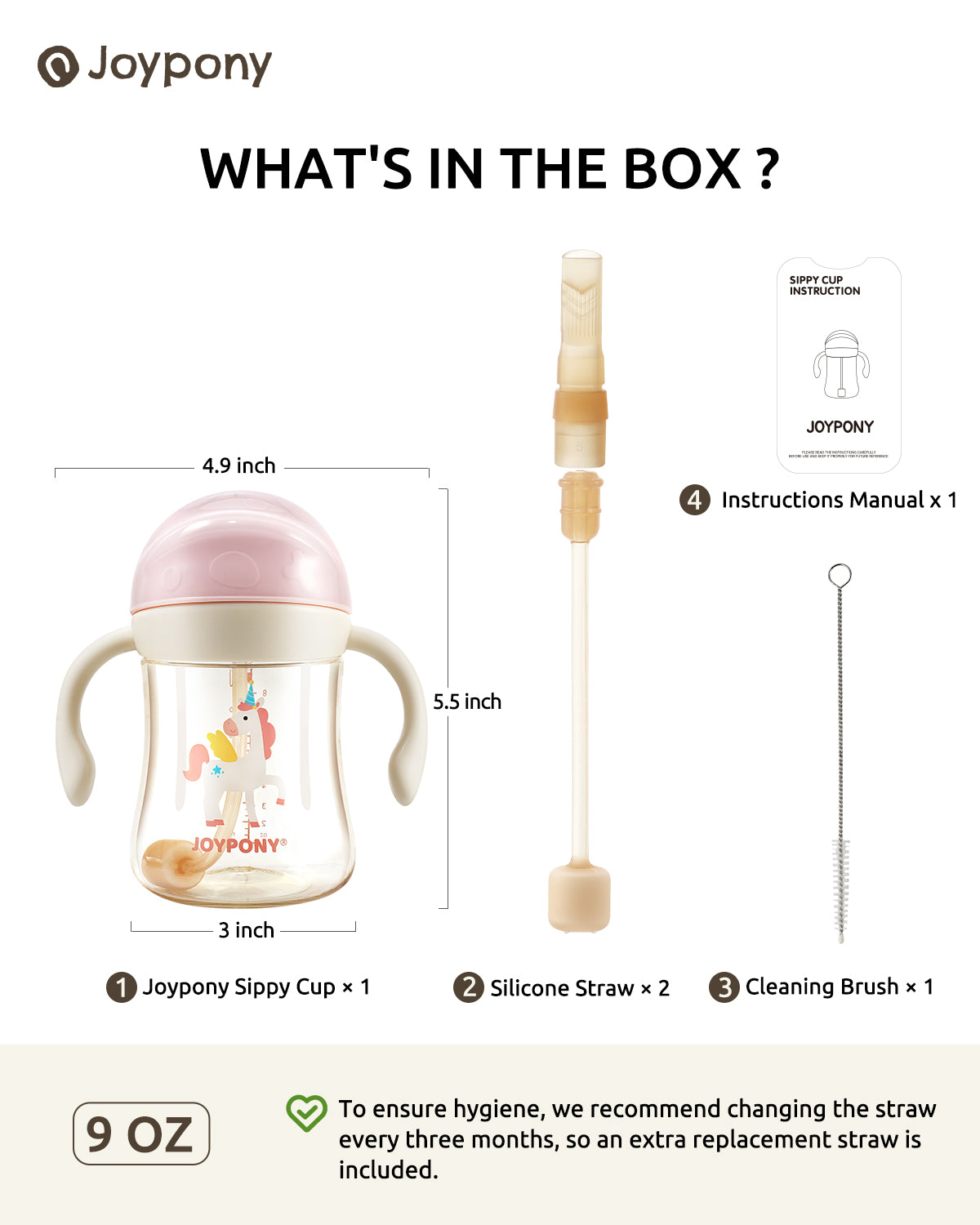 Joypony Sippy Cups for Toddlers 1-3, Spill Proof Weighted Straw Cup with Handle for Baby 6 Months + old, 2 Silicone Straws, PPSU, BPA Free, 9 oz (Pink)