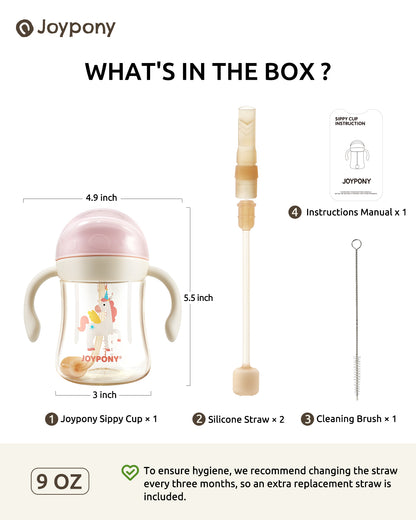 Joypony Sippy Cups for Toddlers 1-3, Spill Proof Weighted Straw Cup with Handle for Baby 6 Months + old, 2 Silicone Straws, PPSU, BPA Free, 9 oz (Pink)