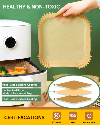 Katbite 7.9 Inch 130PCS Disposable Square Air Fryer Paper Liners,Unbleached Non-Stick & Oil-proof Parchment Paper