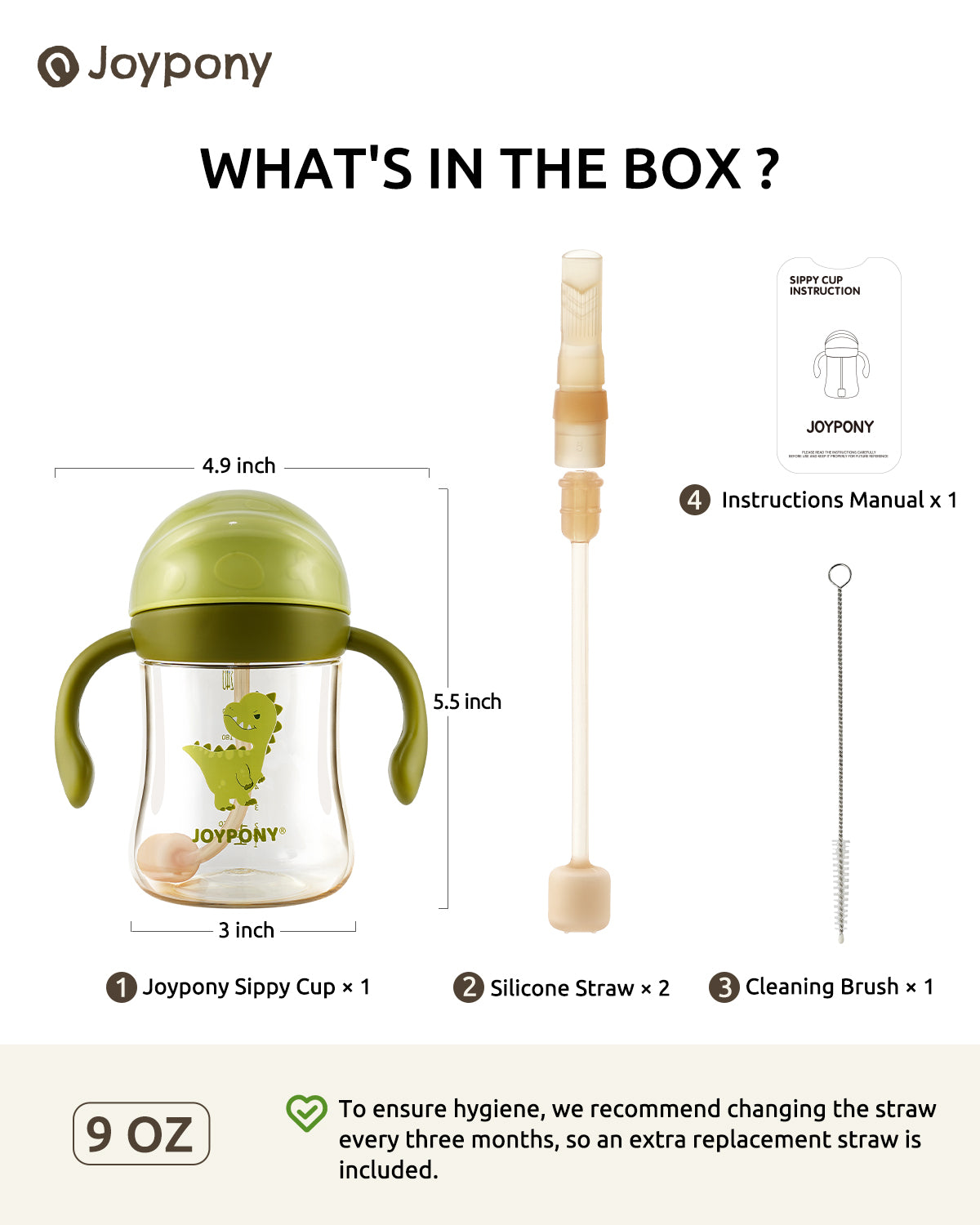Joypony Spill-Proof Sippy Cup with Weighted Straw, PPSU Baby Cup with Handles for Toddlers 1-3, 6M+, BPA Free, 2 Silicone Straws, 9oz