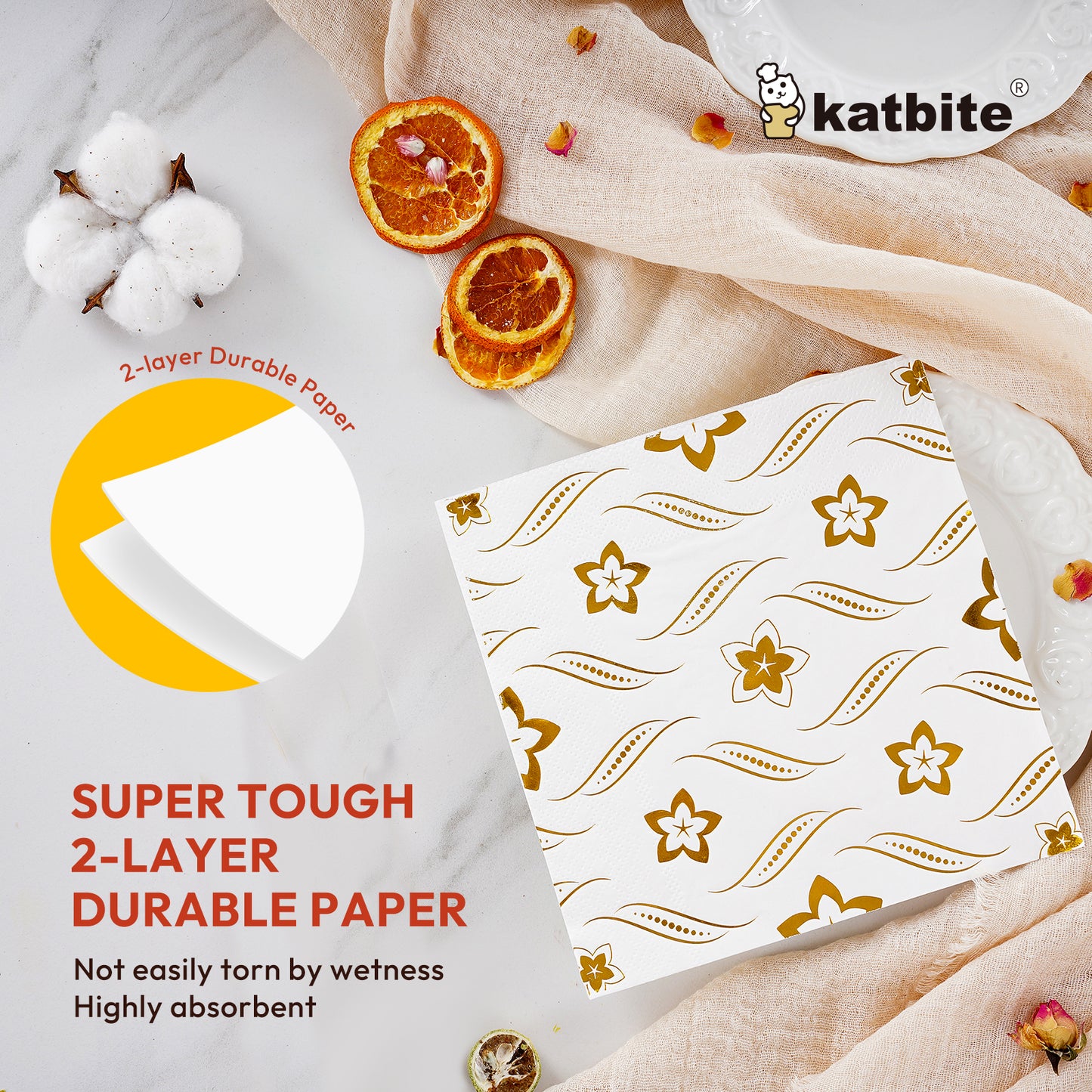 Katbite Disposable Paper Napkins,6.5x6.5 inch,50 Count, White