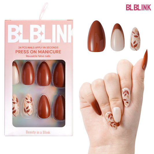 BLBLINK Everlasting Multicolor French Press-On Nails ,Almond Shape ,Simple Leaf Glitter Design 24pcs