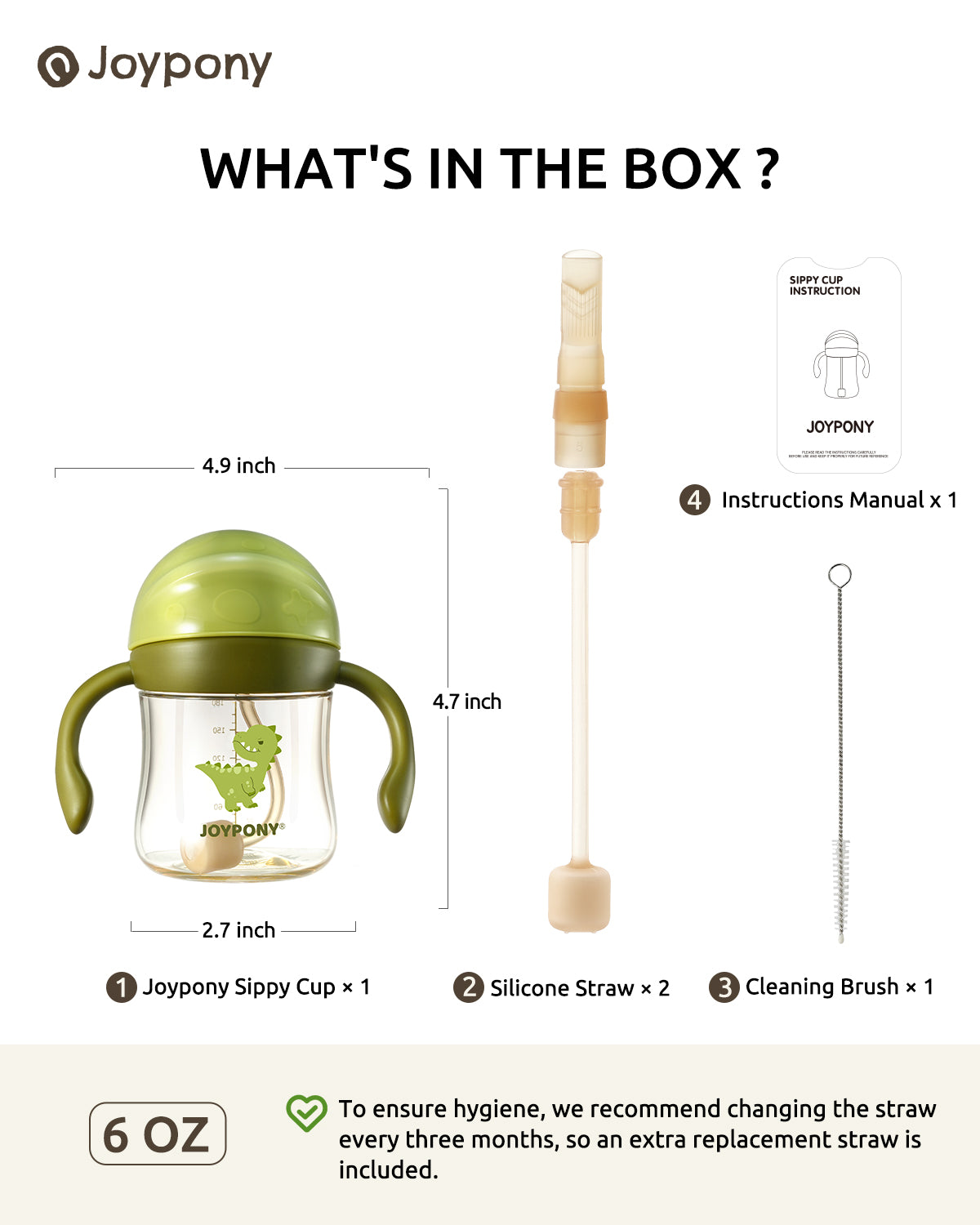 Joypony Baby Sippy Cups 6-12 Months, Spill Proof Weighted Straw Cup with Handle for Toddlers 1-3, 2 Silicone Straws, PPSU, BPA Free, 6 oz (Green)