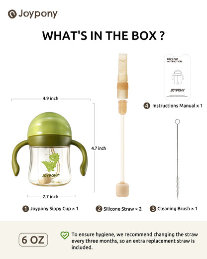 Joypony Baby Sippy Cups 6-12 Months, Spill Proof Weighted Straw Cup with Handle for Toddlers 1-3, 2 Silicone Straws, PPSU, BPA Free, 6 oz (Green)