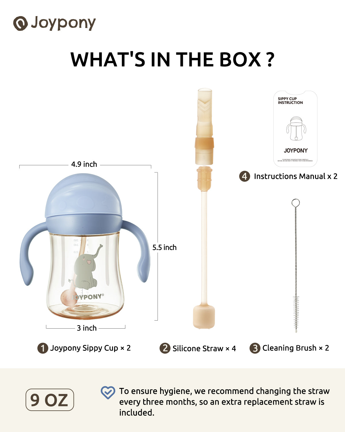 Joypony Sippy Cups for Toddlers 1-3, Spill Proof Weighted Straw Cup with Handle for Baby 6 Months + old, 1 Silicone Straws, PPSU, BPA Free, 9 oz (Blue)
