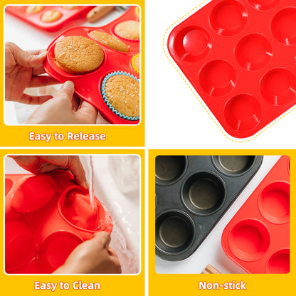 Katbite 12 Cups Silicone Muffin Pan Non-stick Cupcake Pans Silicone Baking Cups,Red.