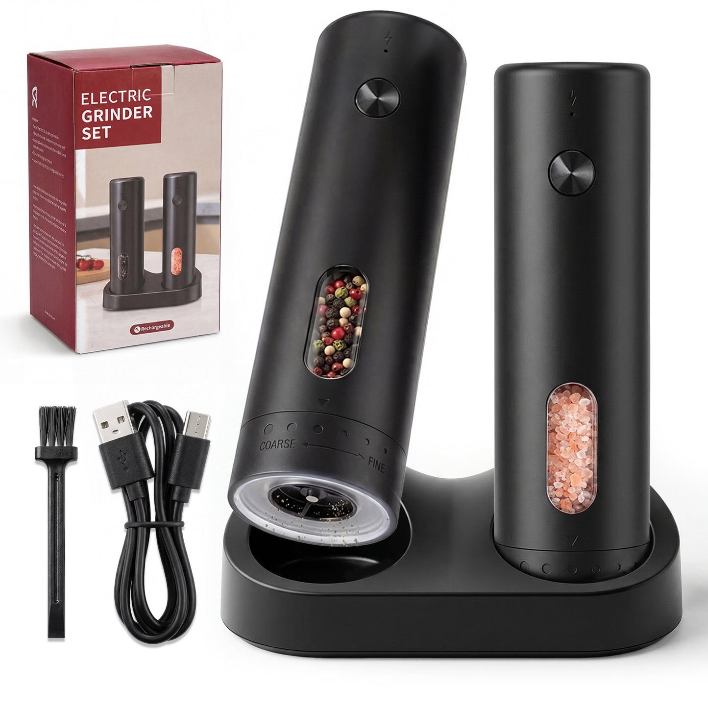 Katbite Electric Salt and Pepper Grinder Set, Usb Charging Base, Button Control, Adjustable Coarseness