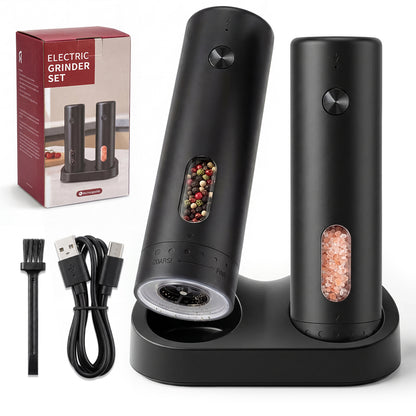 Katbite Electric Salt and Pepper Grinder Set, Usb Charging Base, Button Control, Adjustable Coarseness