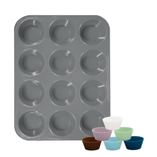 Katbite Silicone Muffin Pan, Non-stick BPA Free Cupcake Pans 12 Cups With 6 baking cups,Grey