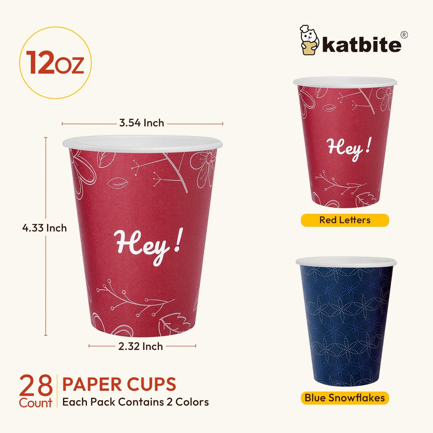 Katbite Biodegradable Disposable Paper Cups, 12oz, 28 Count