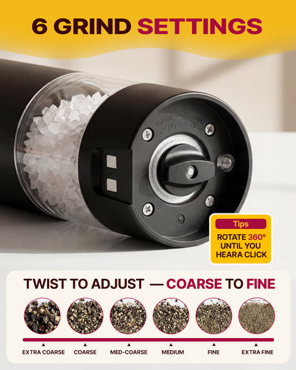 Katbite Electric Salt and Pepper Grinder Set, Battery Powered Mill, Adjustable Coarseness, LED Light