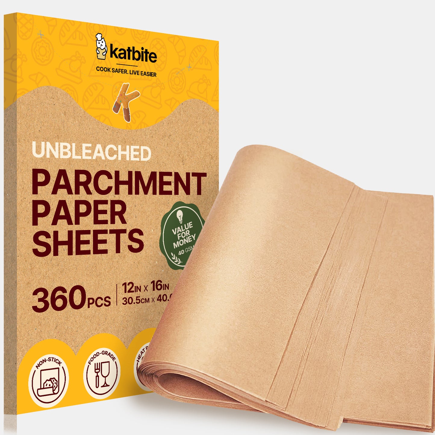 Katbite Parchment Paper Sheets, 360 Count, 12 x 16 in, Precut Unbleached Heavy Duty Nonstick Baking Paper