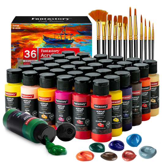 Fantastory Acrylic Paint Set 36 Colors(2oz/60ml) w/ 12 Brushes, Pro Craft Thick Paint Kits