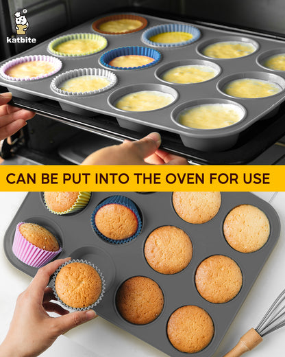 Katbite Silicone Muffin Pan, Non-stick BPA Free Cupcake Pans 12 Cups With 6 baking cups,Grey