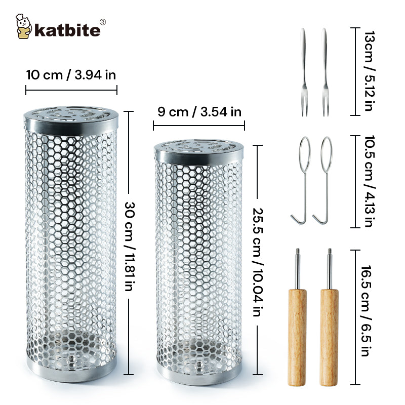 Katbite 2-Pack Rolling Grill Baskets with Removable Wooden Handles, 304 Stainless Steel BBQ Baskets