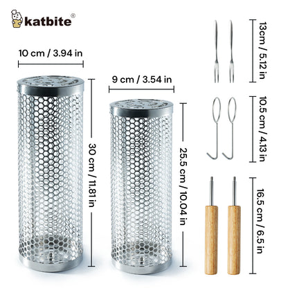 Katbite 2-Pack Rolling Grill Baskets with Removable Wooden Handles, 304 Stainless Steel BBQ Baskets
