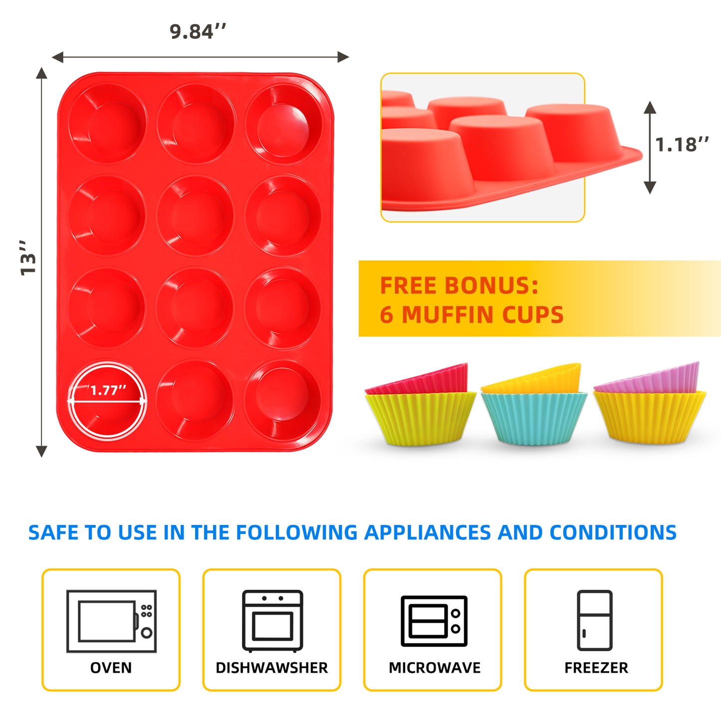 Katbite 12 Cups Silicone Muffin Pan Non-stick Cupcake Pans Silicone Baking Cups,Red.