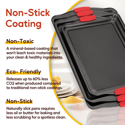 Katbite 3-Piece Nonstick Carbon Steel Bakeware Set with Silicone Handles, Black