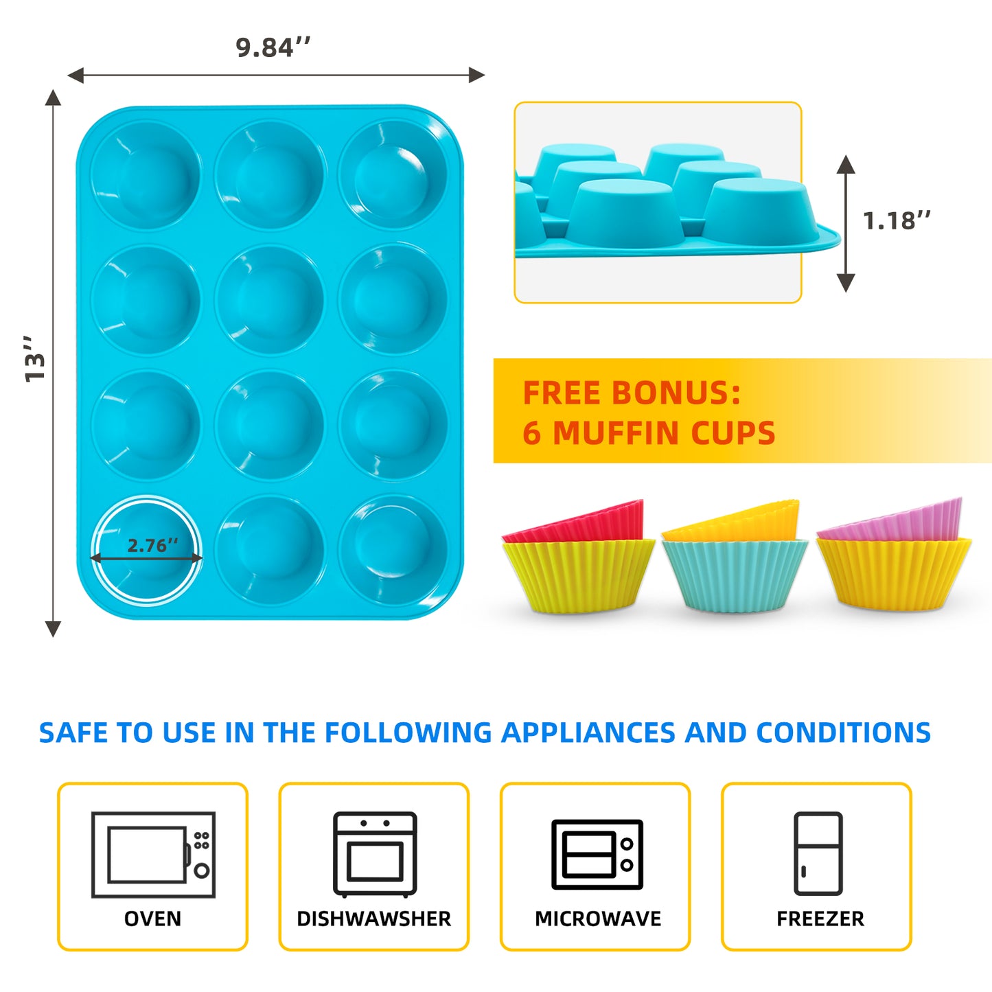 Katbite Silicone Muffin Pan Cupcake Pans 12 Cups Non-stick BPA Free Cupcake Pans