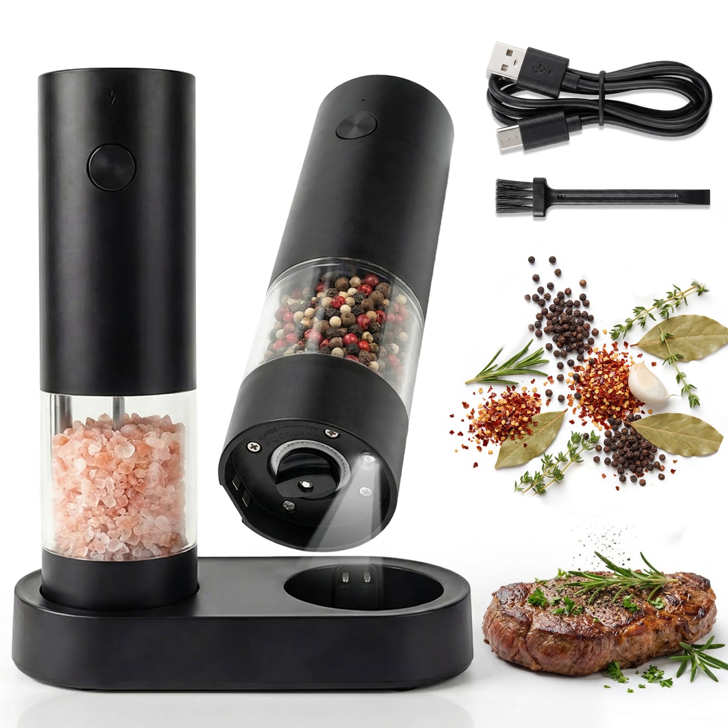 Katbite Electric Salt and Pepper Grinder Set, Battery Powered Mill, Adjustable Coarseness, LED Light