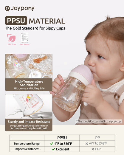Joypony Baby Sippy Cups 6-12 Months, Spill Proof Weighted Straw Cup with Handle for Toddlers 1-3, 2 Silicone Straws, PPSU, BPA Free, 6 oz (Pink)