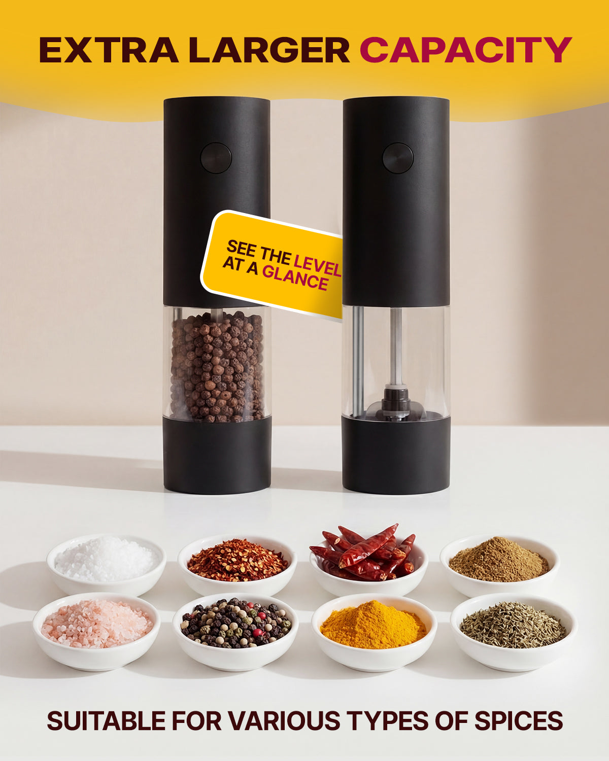Katbite Electric Salt and Pepper Grinder Set, Battery Powered Mill, Adjustable Coarseness, LED Light