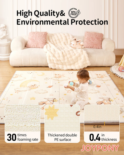 Joypony Baby Play Mat, Foldable Reversible Foam Crawling Mat for Baby Toddler Indoor Outdoor, 79x71x0.4 inch, Rabbit