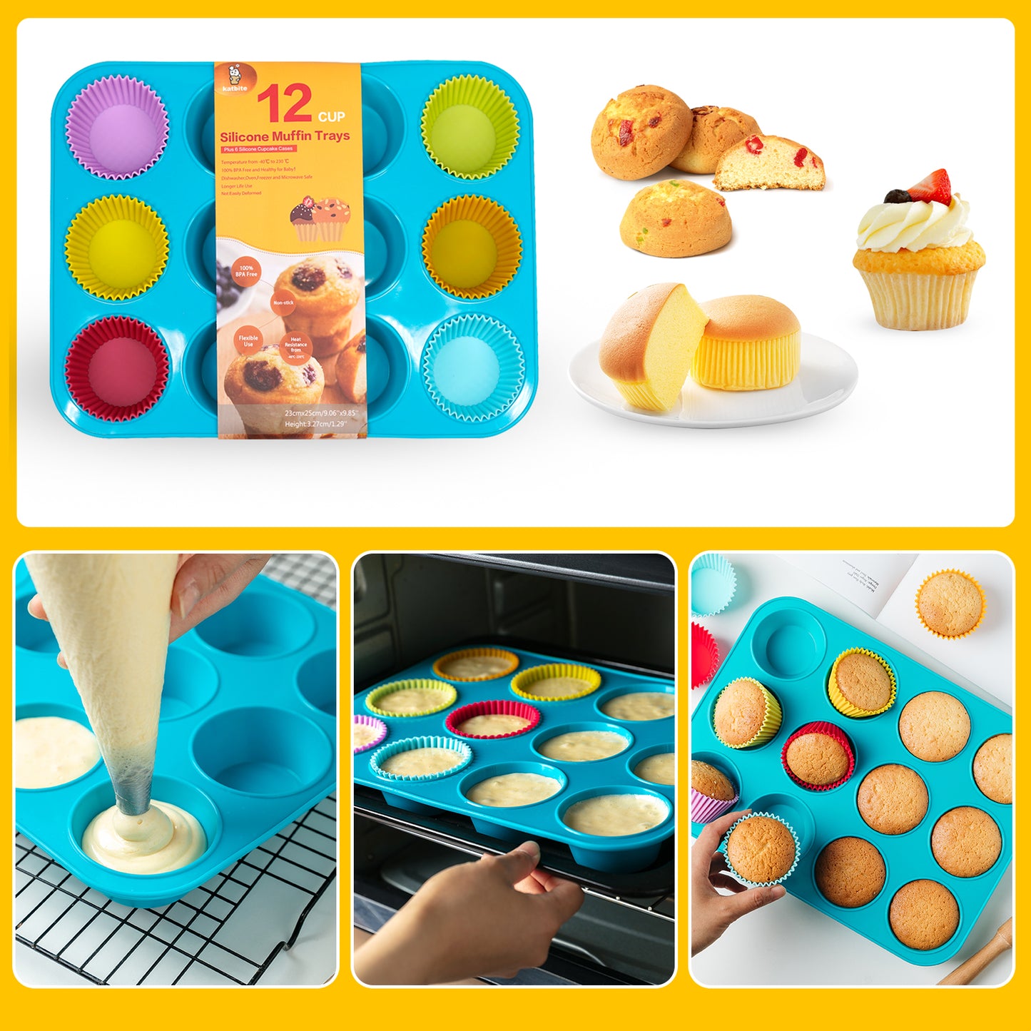 Katbite Silicone Muffin Pan Cupcake Pans 12 Cups Non-stick BPA Free Cupcake Pans