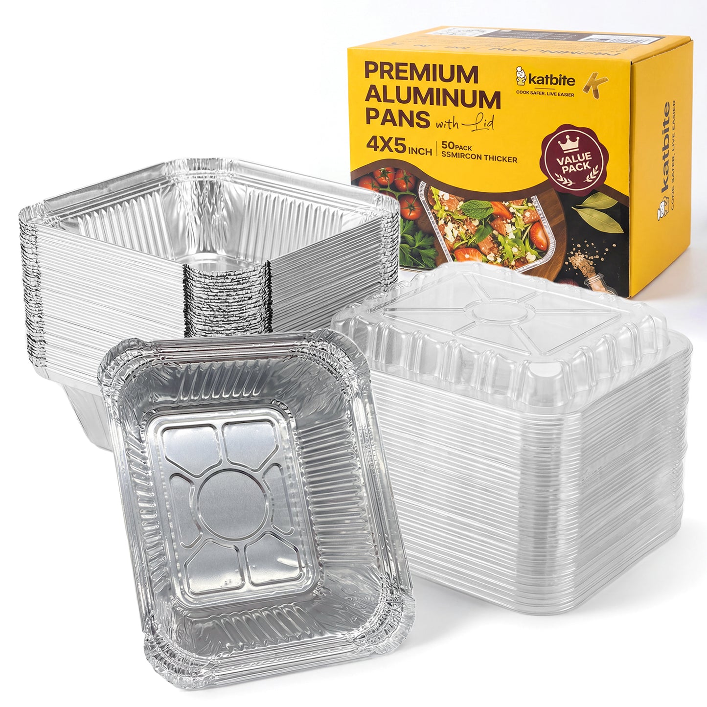Katbite 4x5 Inches 50 Pack Aluminum Pans with Lids - Small Disposable Foil To-Go Containers, Perfect for Meal Prep and Takeout