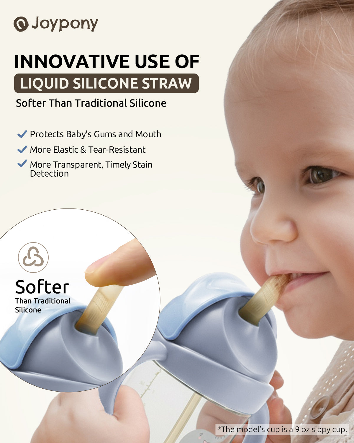 Joypony Sippy Cups for Toddlers 1-3, Spill Proof Weighted Straw Cup with Handle for Baby 6 Months + old, 1 Silicone Straws, PPSU, BPA Free, 9 oz (Blue)