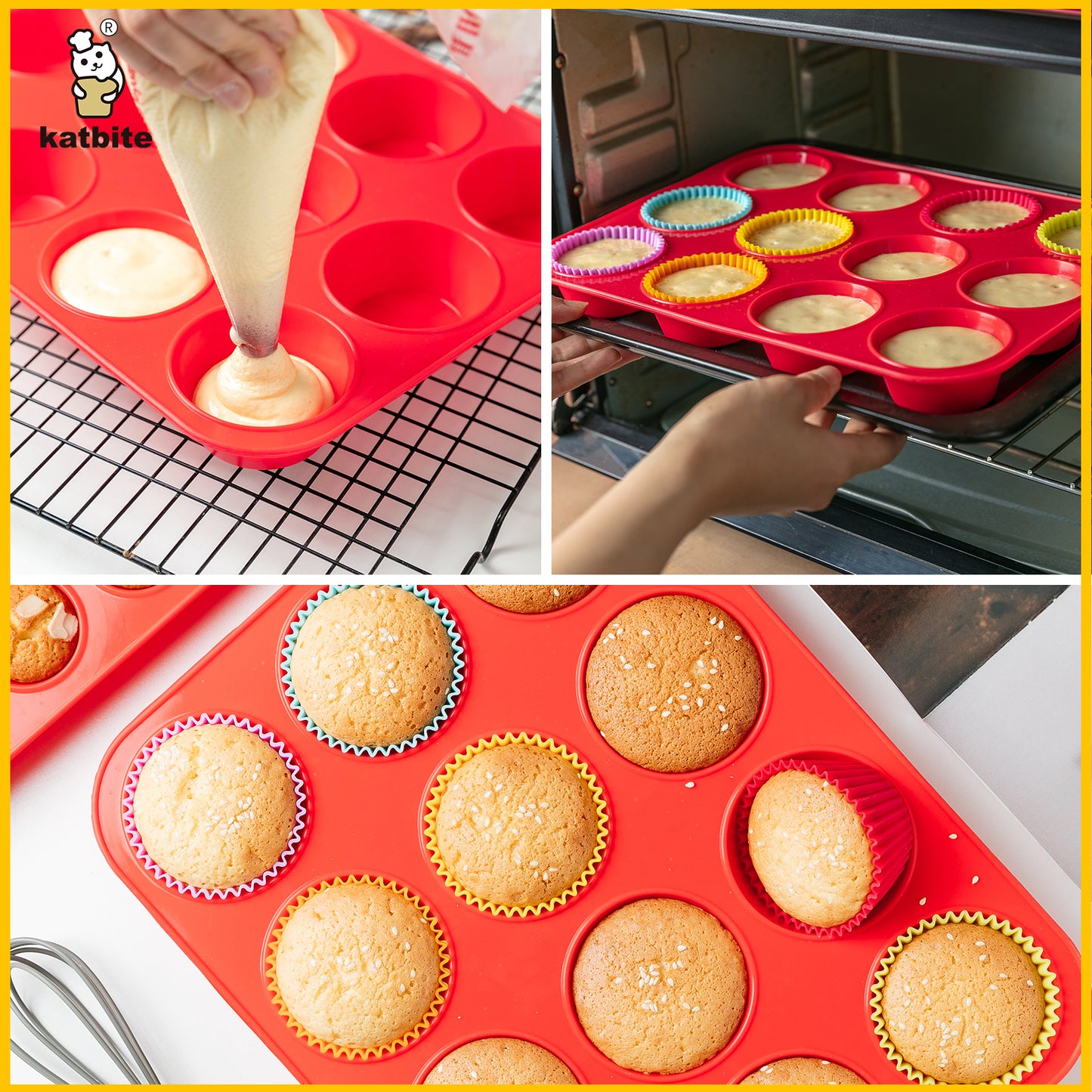 Katbite 12 Cups Silicone Muffin Pan Non-stick Cupcake Pans Silicone Baking Cups,Red.