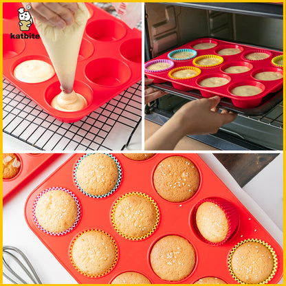 Katbite 12 Cups Silicone Muffin Pan Non-stick Cupcake Pans Silicone Baking Cups,Red.