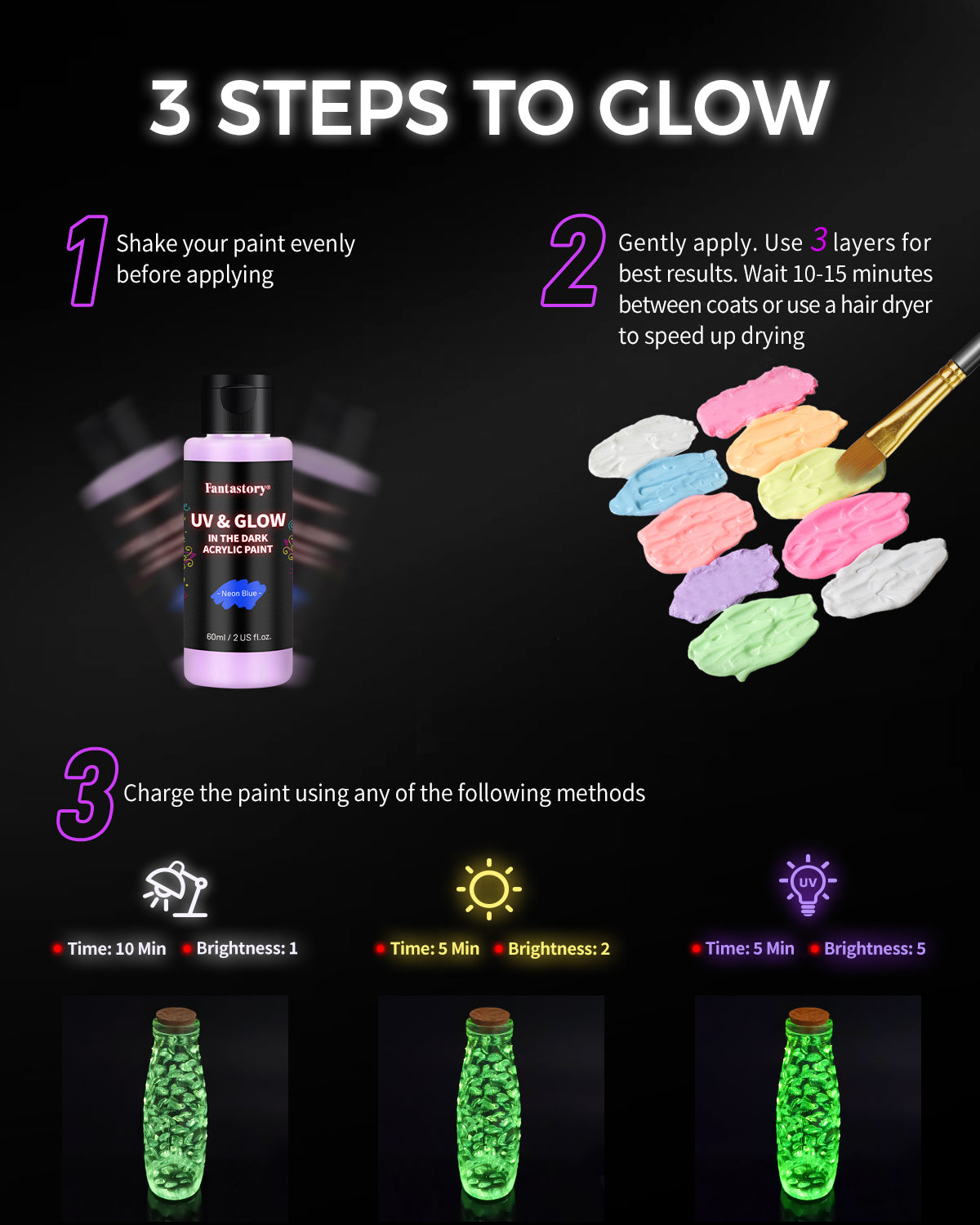 Fantastory Glow in The Dark Paint - 10 Extra Bright Colors 60 ml / 2 oz Glow in Dark Acrylic Paint