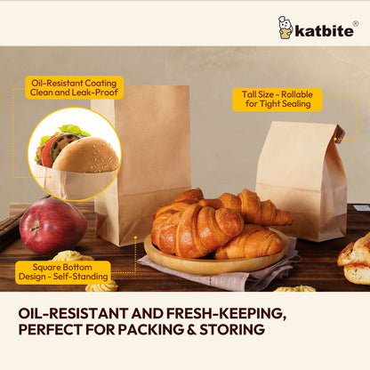 Katbite Self-Standing Disposable Paper Lunch Bags, Fold-Top Closure, 5.12 Inch,100 Count